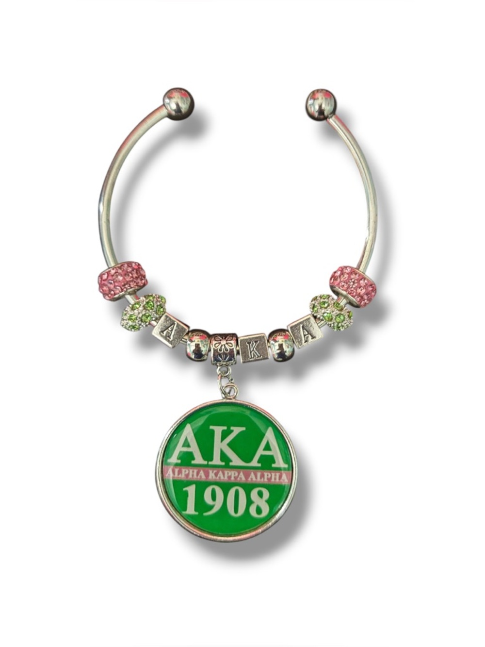 Alpha Kappa Alpha AKA 1908 Green Charm Bangle with Pink & Green Beads